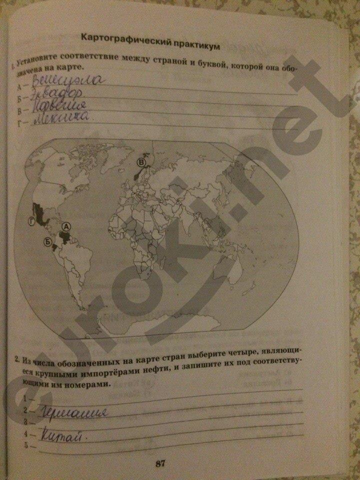 гдз 10 класс рабочая тетрадь часть 1 страница 87 география Домогацких