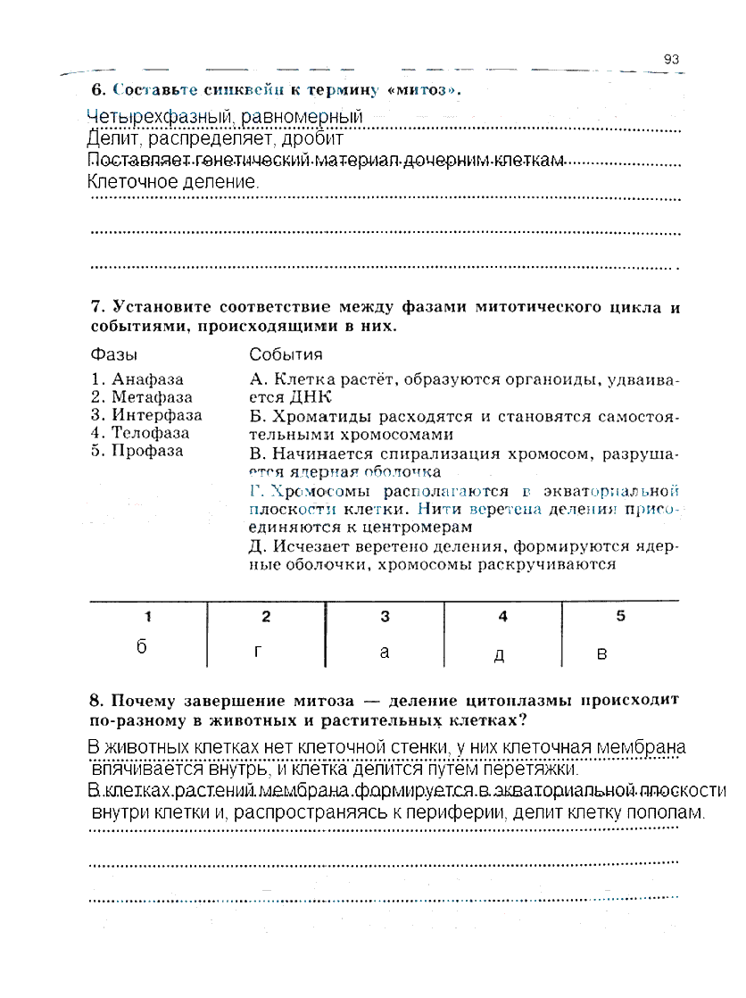 гдз 10 класс рабочая тетрадь часть 1 страница 93 биология Сивоглазов, Захарова