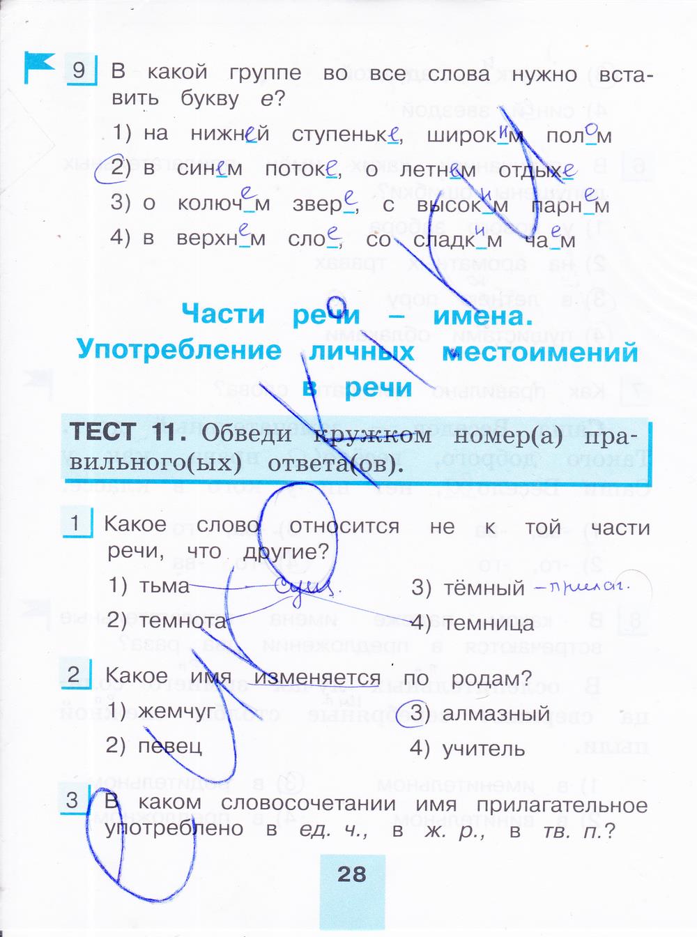 гдз 4 класс тестовые задания часть 2 страница 28 русский язык Корешкова