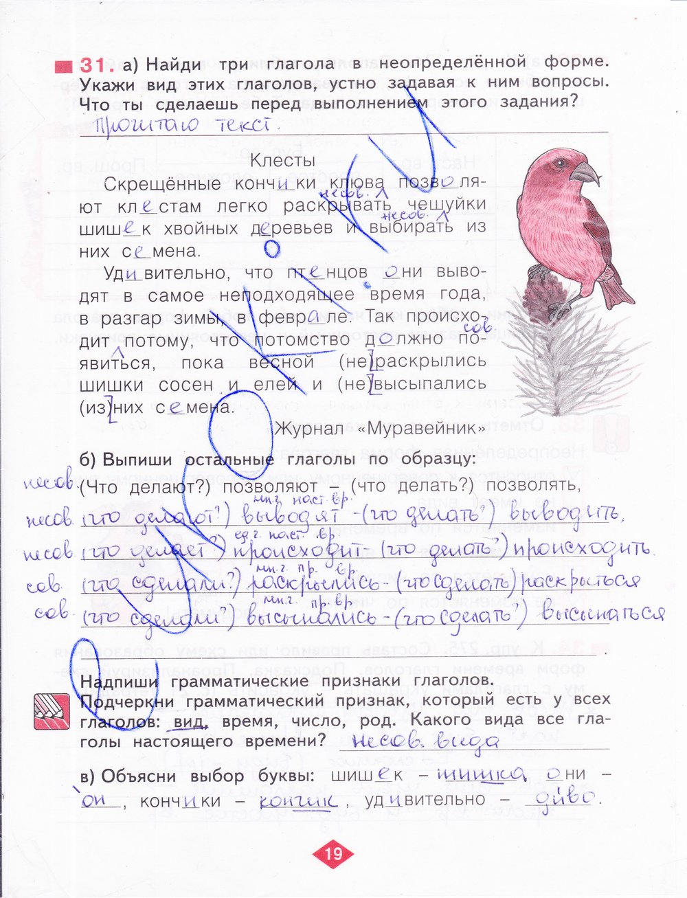 гдз 4 класс рабочая тетрадь часть 2 страница 19 русский язык Нечаева, Воскресенская