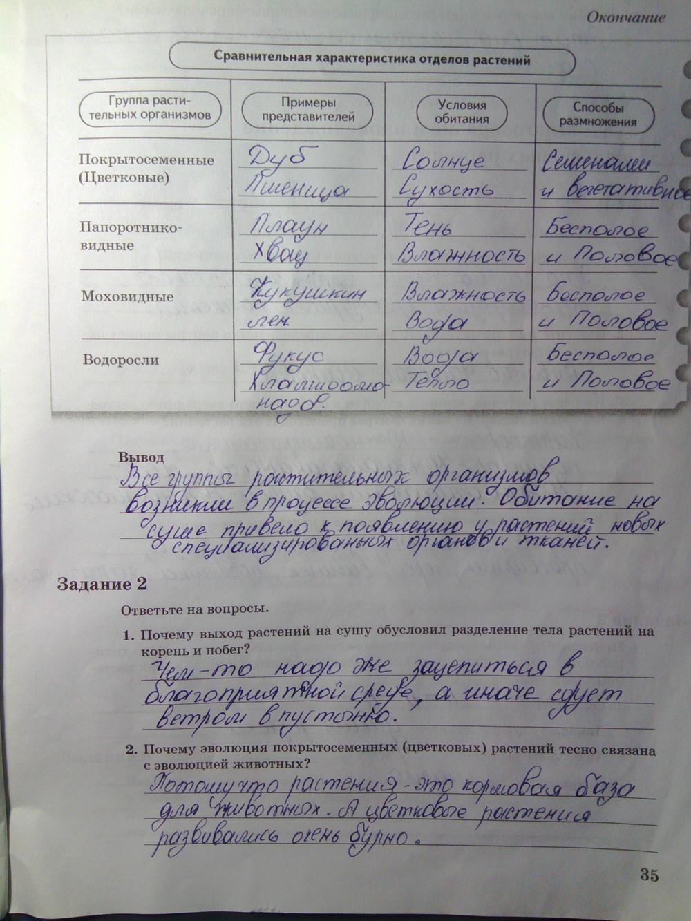 гдз 6 класс рабочая тетрадь часть 2 страница 35 биология Пономарева, Корнилова